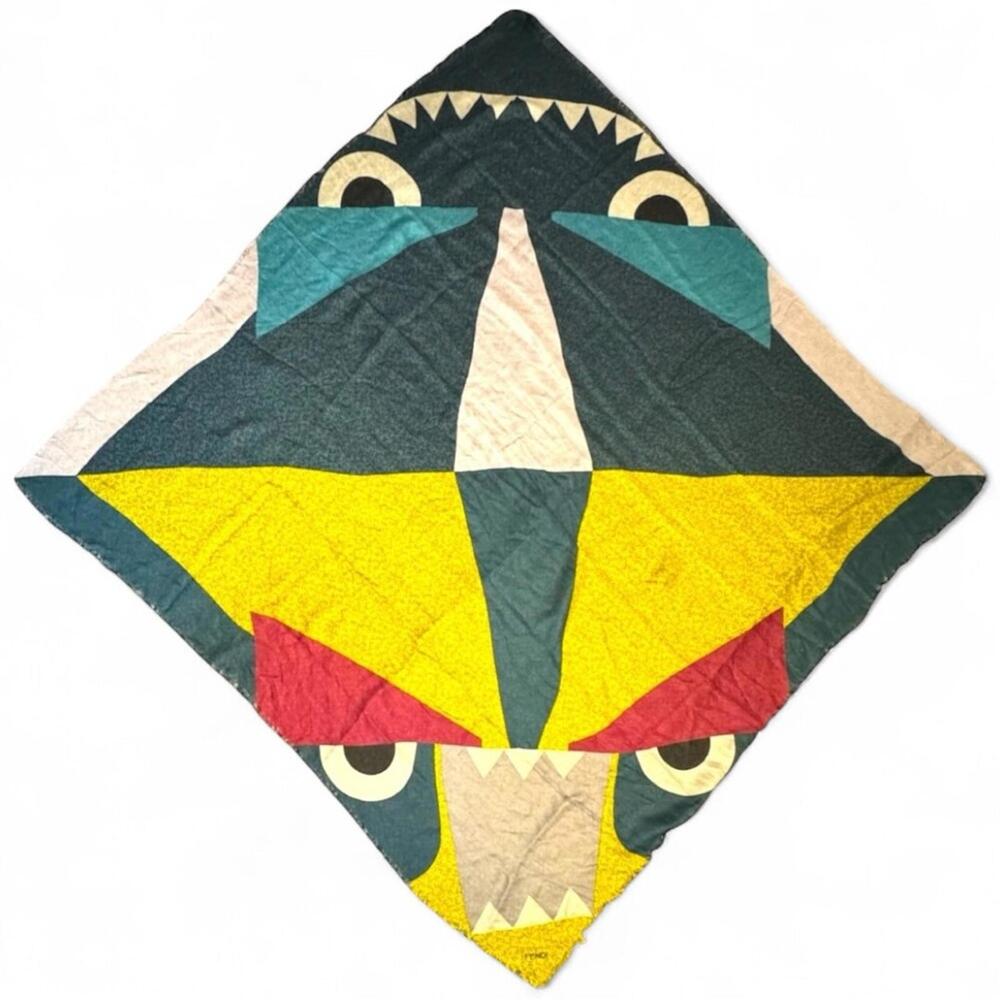 RARE Fendi Monster Scarf Wrap Shawl Lime Teal Logo Print Luxury Silk Wool - Picture 2 of 5